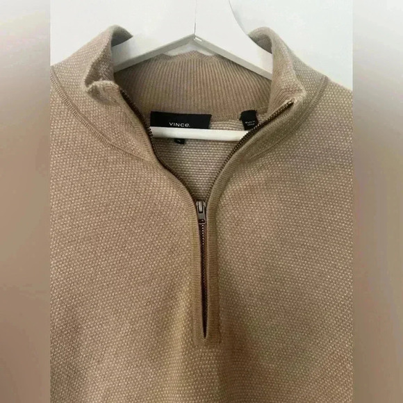 Vince. Men’s New Camel/Pearl Birds Eye Wool & Cashmere Quarter Zip Pullover - Picture 2 of 9